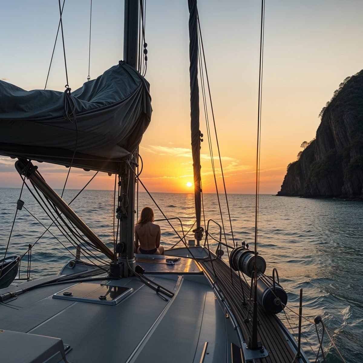 A person looking the sunset from a Sailboat