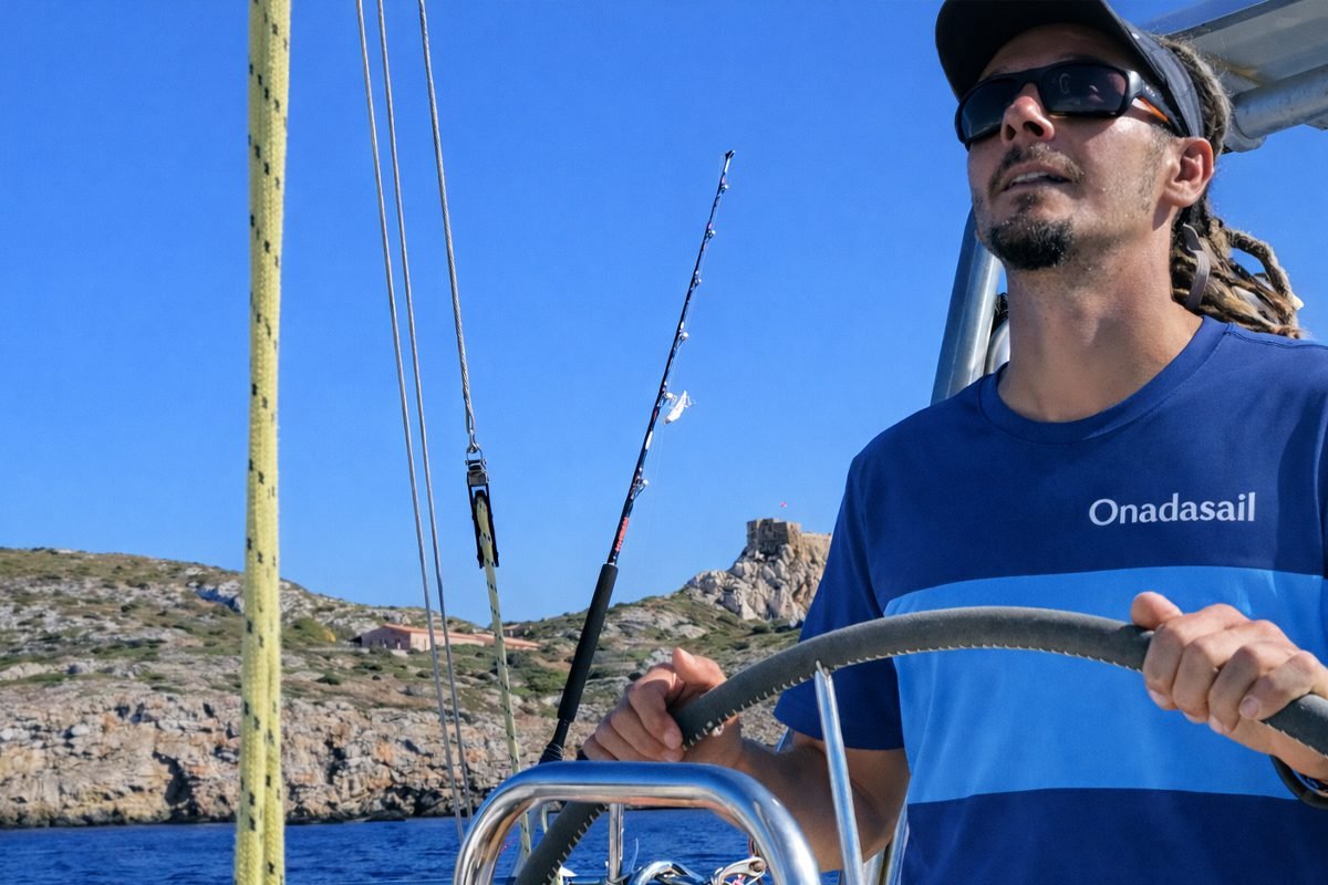 The skipper is driving his sailboat
