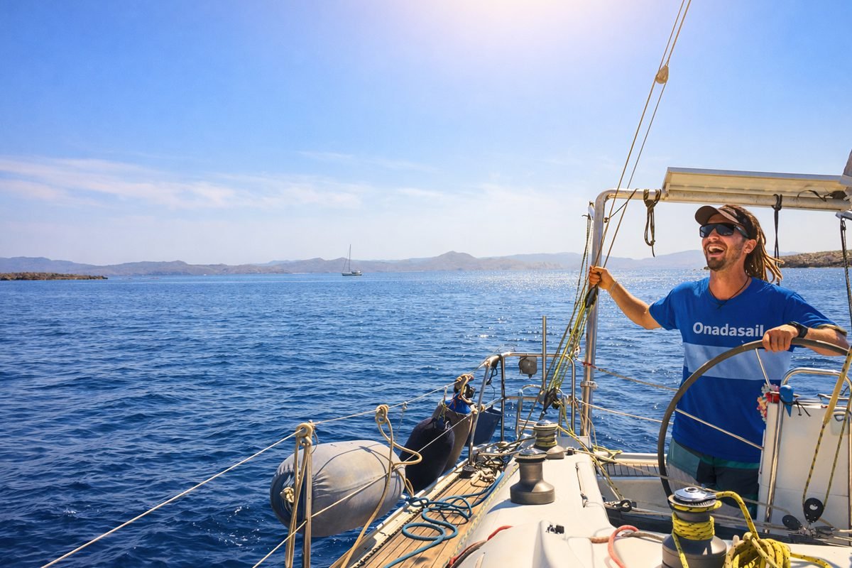 The skipper is smilign while driving his sailboat