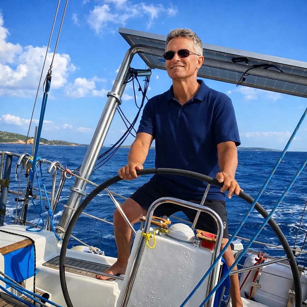 Man steering sailboat in open sea