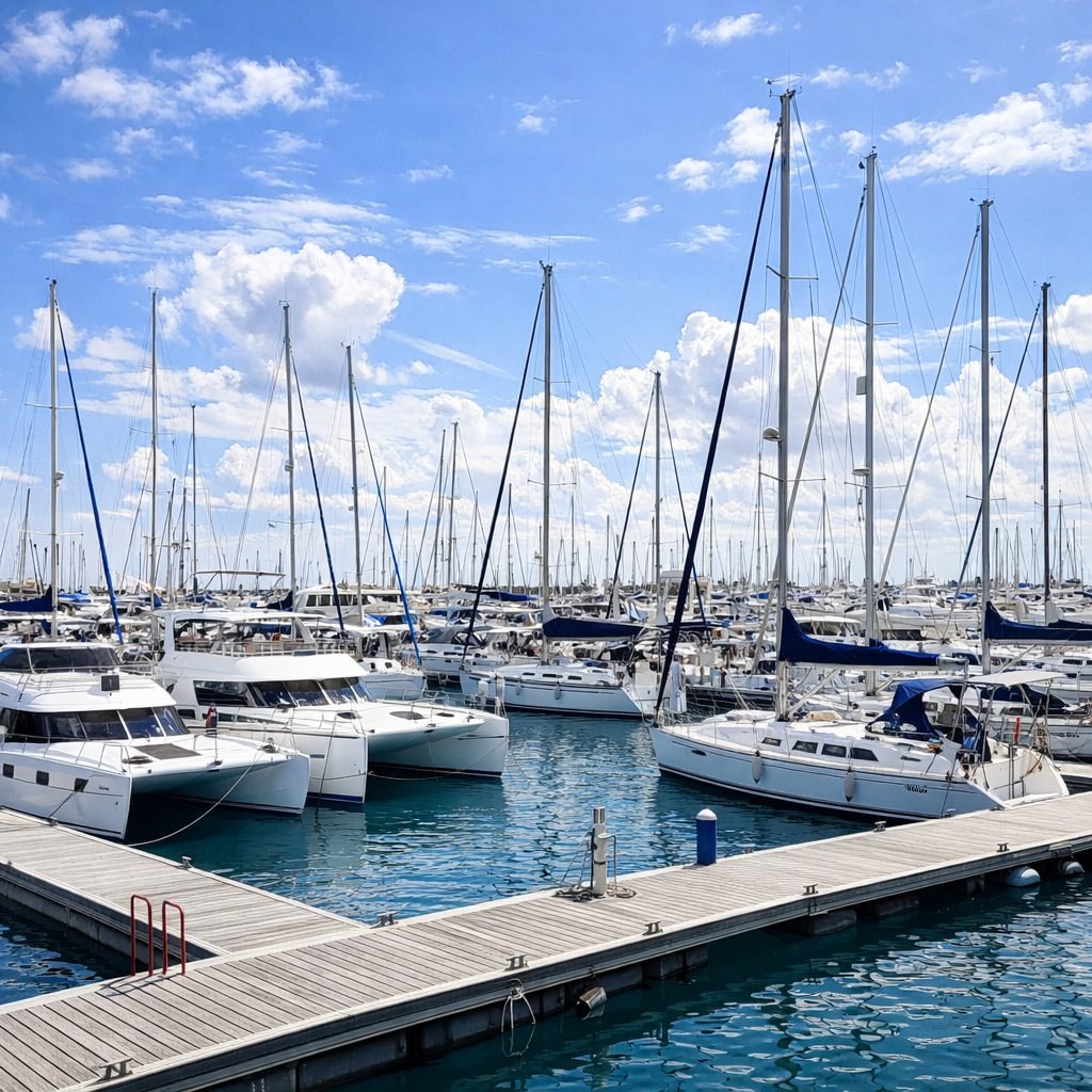 Sailboats and catamarans at marina