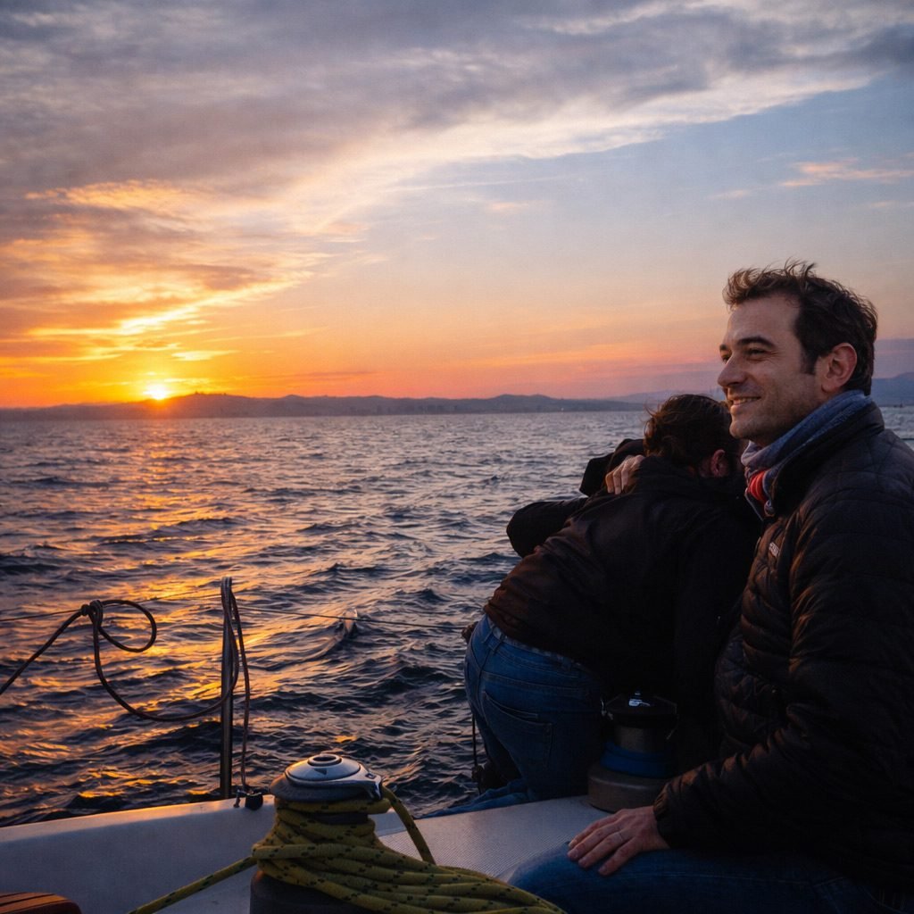 Romantic private sailing experience in Barcelona at sunset with couple on boat