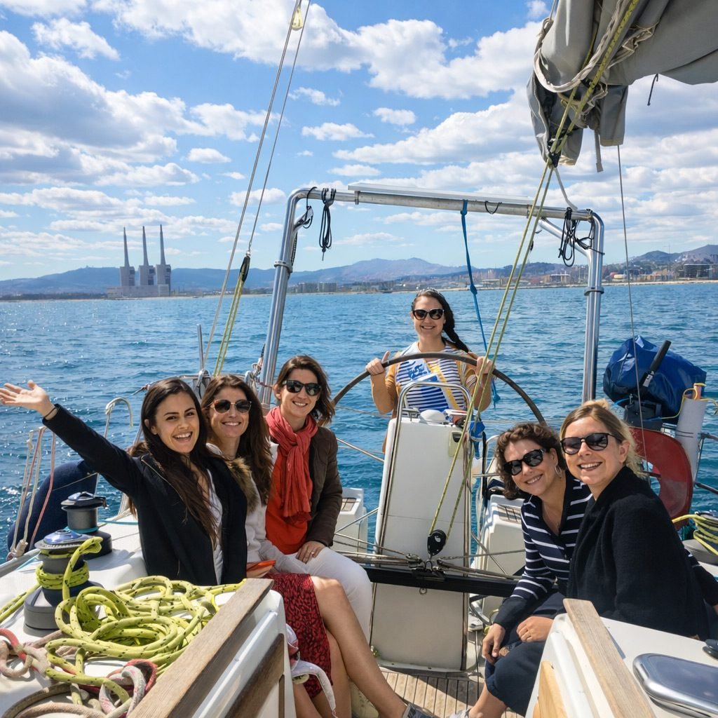 Private boat tour in Barcelona with group of friends enjoying a spring sailing experience