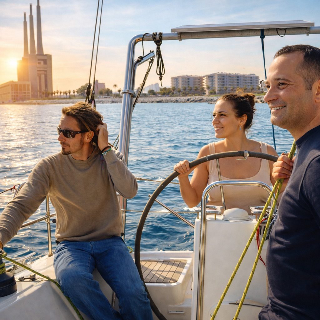 Private sailing experience in Barcelona with friends enjoying a sunny day at sea
