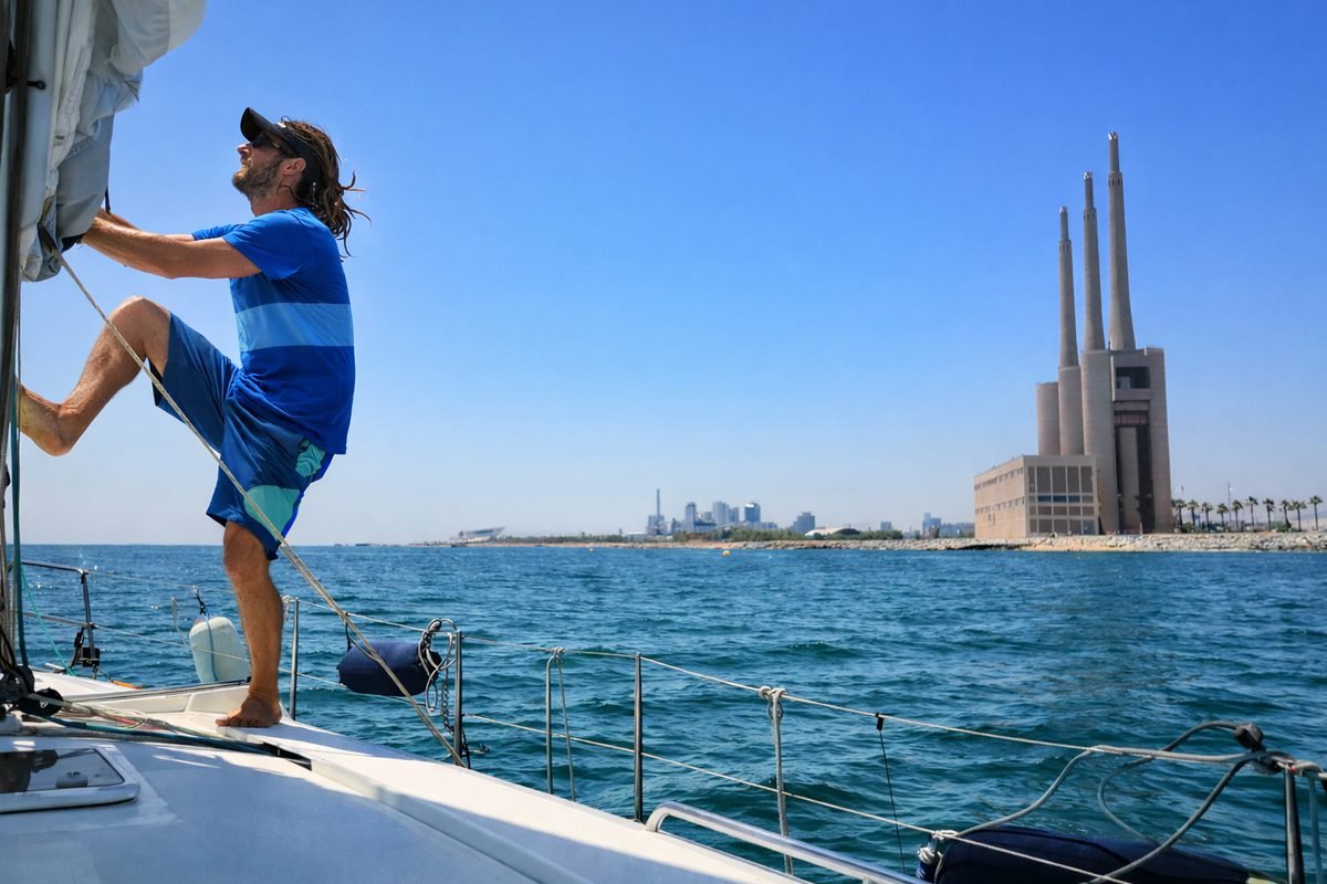 The skipper is working on the sailboat