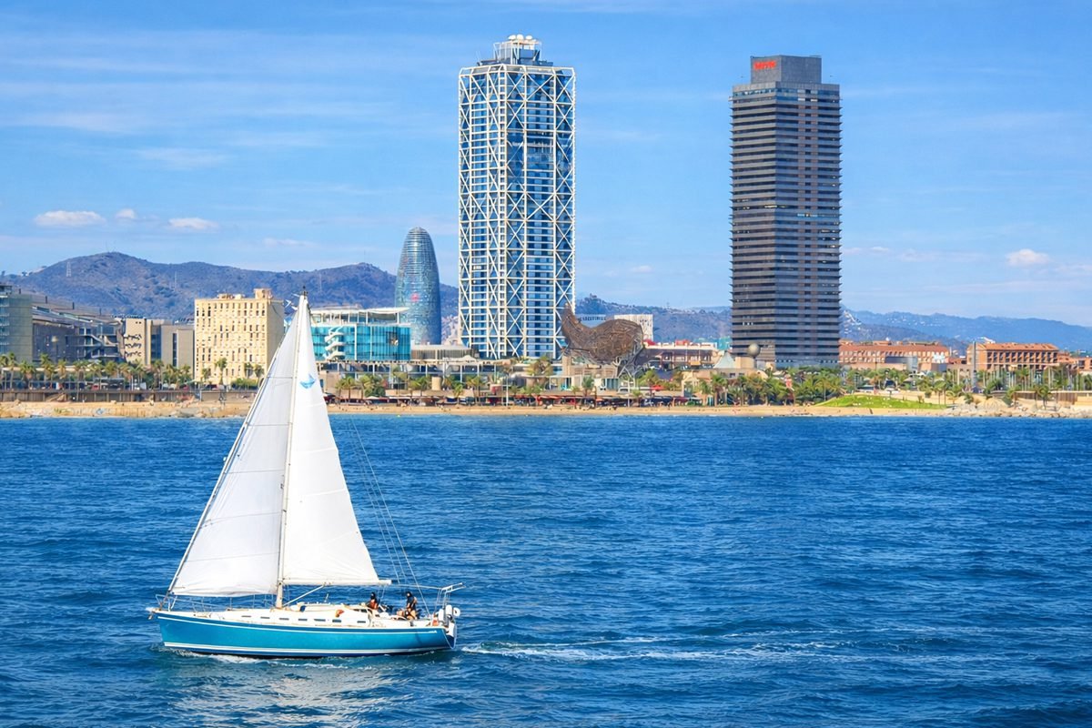 Sailboat on Barcelona's vibrant coastline