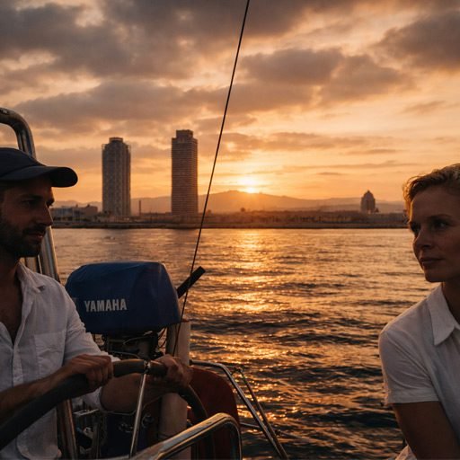 Couple during a private sunset sailing Barcelona