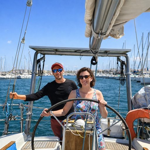 Small group enjoying a short sailing experience at sea in Barcelona