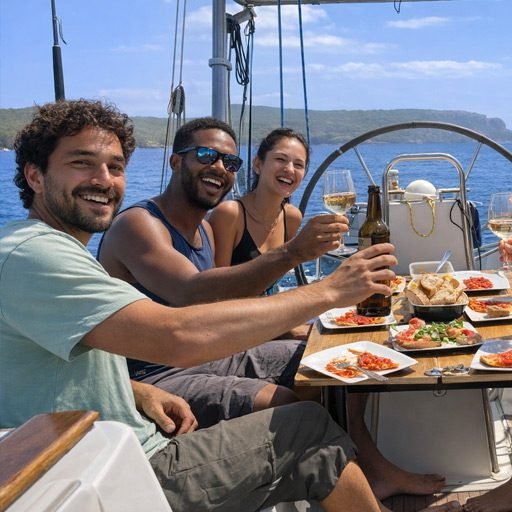 Relaxing moment at sea with snacks during a sailing experience